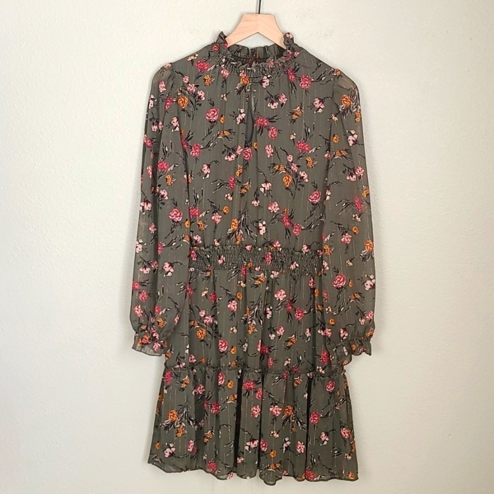 Drew from Anthropologie Green Floral Longsleeve Dress NWT
